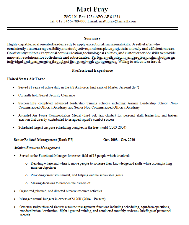 Builder military resume